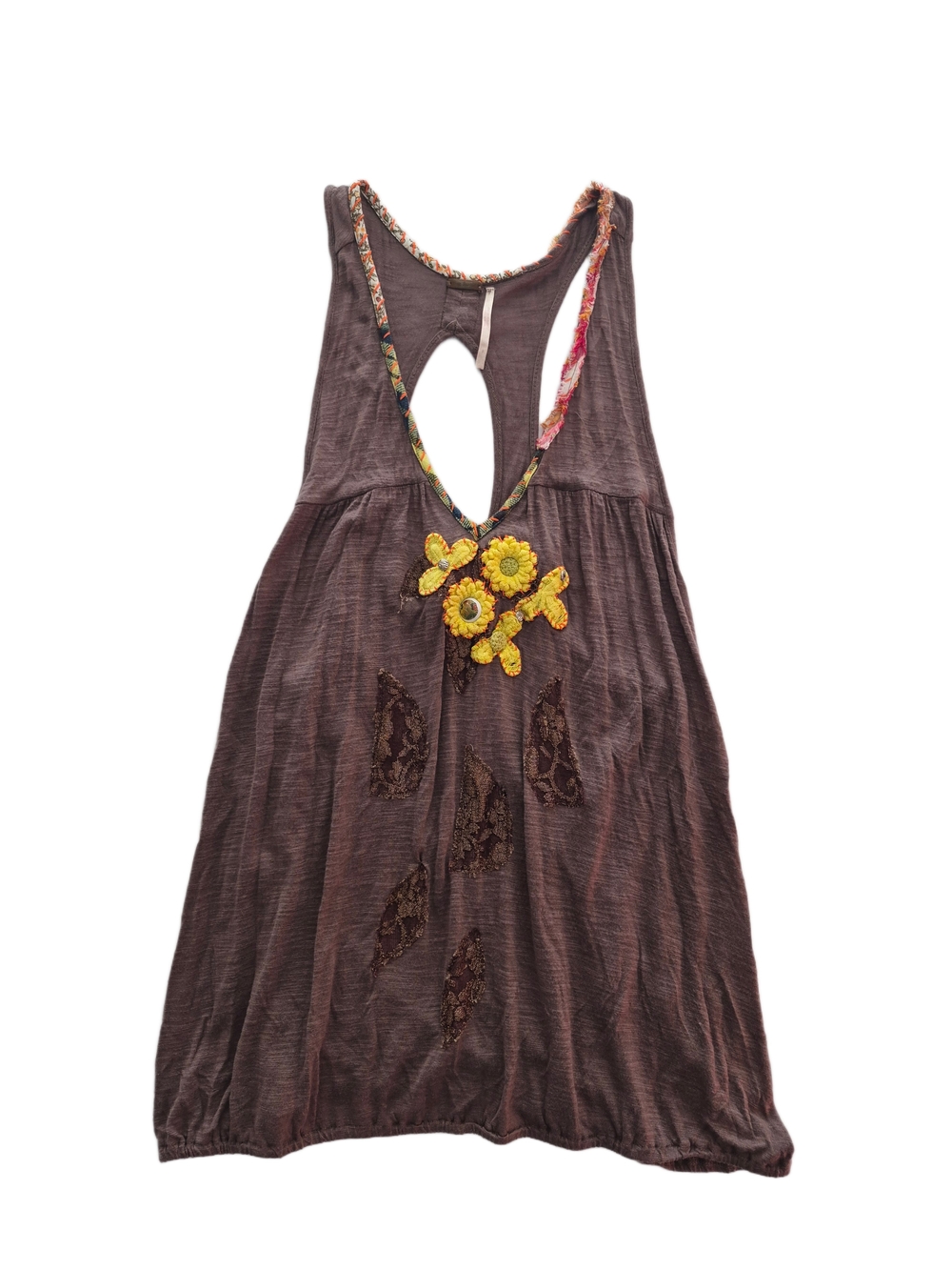 Free People Brown Boho Tank Dress with Yellow Floral Appliqué Size S